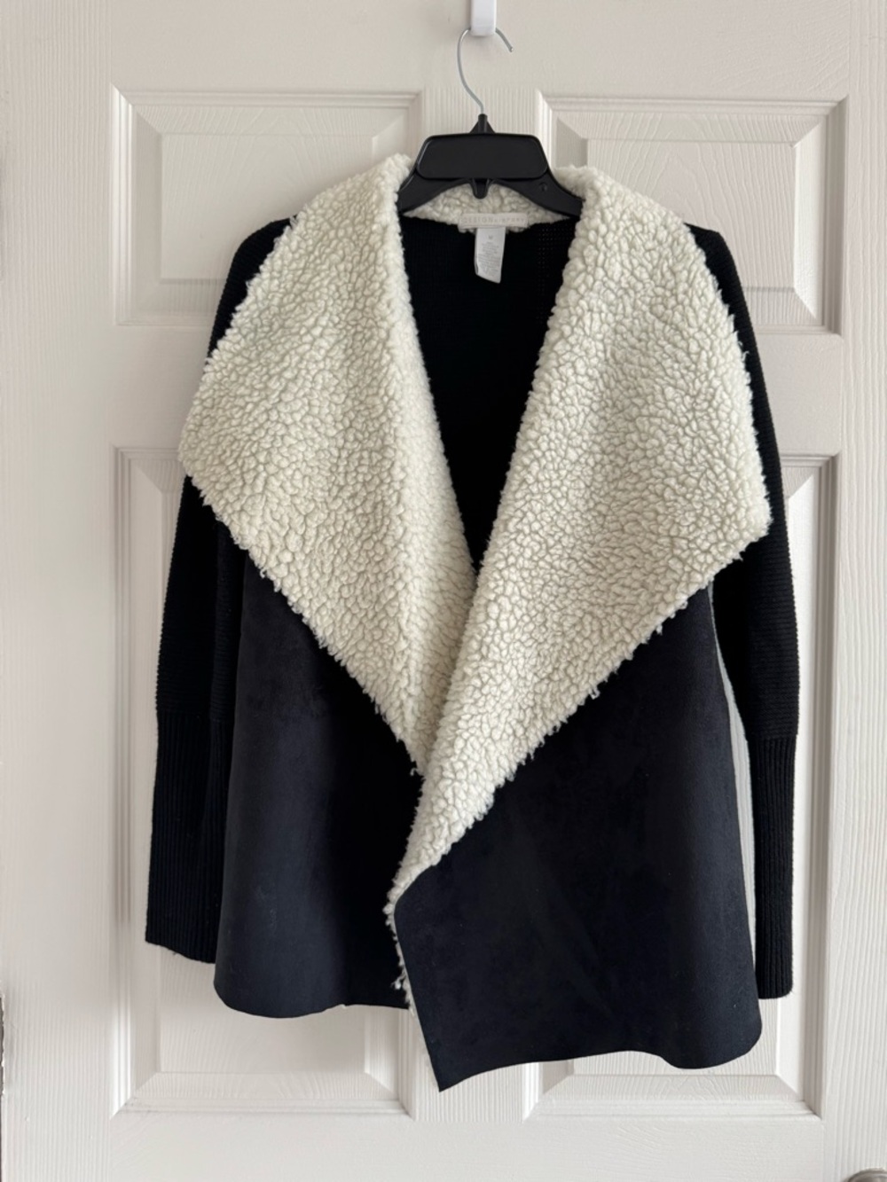 Design History Black Coatigan with Cream Faux Shearling Waterfall Collar